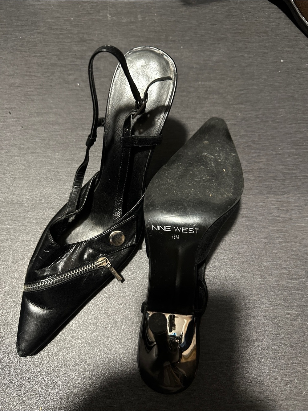NINE WEST - Classic Women’s Black Pointed Slingback Heels with Decorative Zipper - Picture 3 of 4